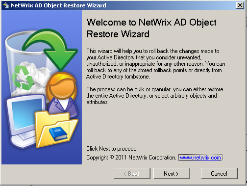 Скриншот NetWrix Active Directory Object Restore Wizard 6.0
